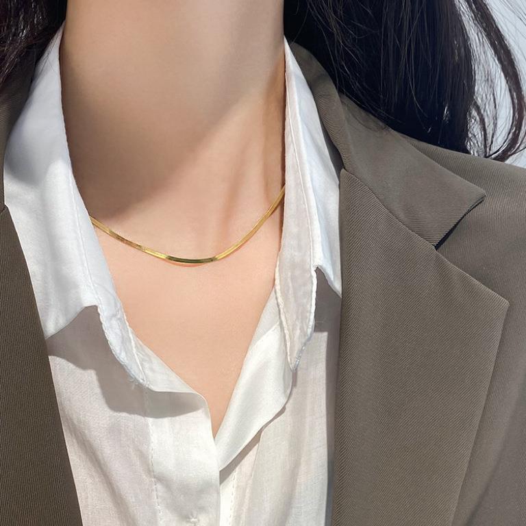 Thin Snake Chain Necklace for Women – Stainless Steel Flat Herringbone Neck Chain
