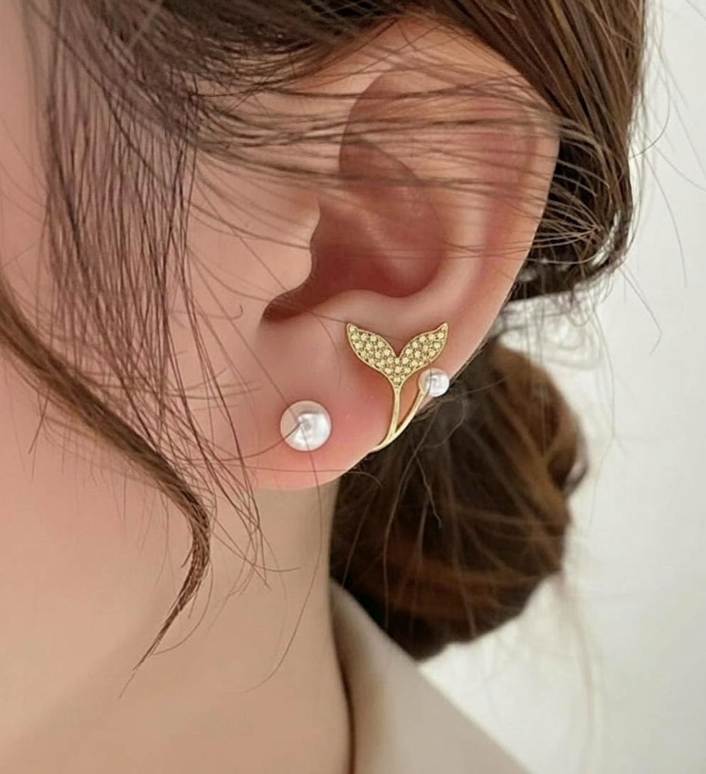 Korean Fish Tail Stud Earrings for Women – Mermaid Tail Pearl Earrings for Girls