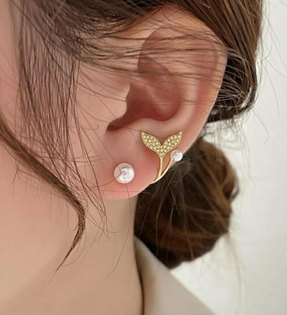 Korean Fish Tail Stud Earrings for Women – Mermaid Tail Pearl Earrings for Girls