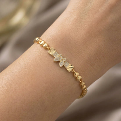 Gold Tone Heart Link Bracelet for Women – Sparkling Bow Chain Bracelet for Girls