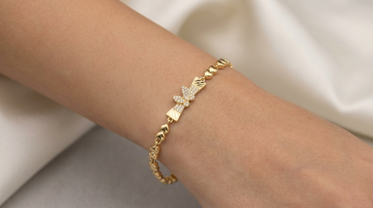 Gold Tone Heart Link Bracelet for Women – Sparkling Bow Chain Bracelet for Girls