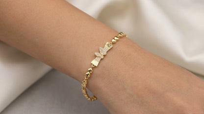 Gold Tone Heart Link Bracelet for Women – Sparkling Bow Chain Bracelet for Girls