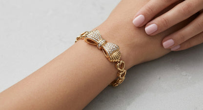 Gold Tone Heart Link Bracelet for Women – Sparkling Bow Chain Bracelet for Girls