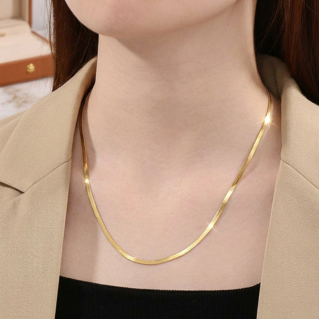 Thin Snake Chain Necklace for Women – Stainless Steel Flat Herringbone Neck Chain