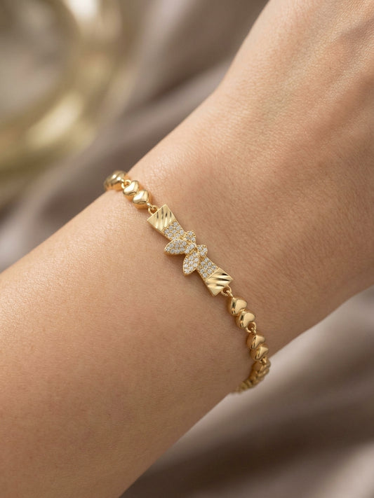 Gold Tone Heart Link Bracelet for Women – Sparkling Bow Chain Bracelet for Girls